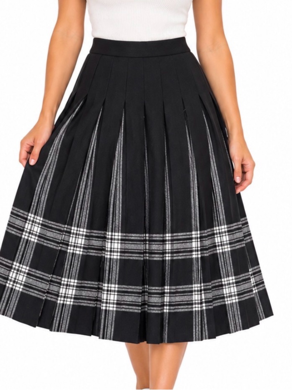 Vintage Pendleton Plaid Pleated Midi Skirt in Black/White wool side zip SZ 10